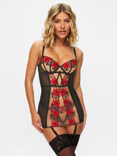 Caged Rose Padded Cami Suspender Black/Red | Corsets & Basques Corsets & Basques Black