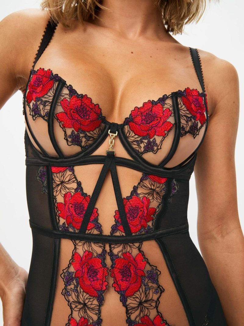 Caged Rose Padded Cami Suspender Black/Red | Corsets & Basques Corsets & Basques Black