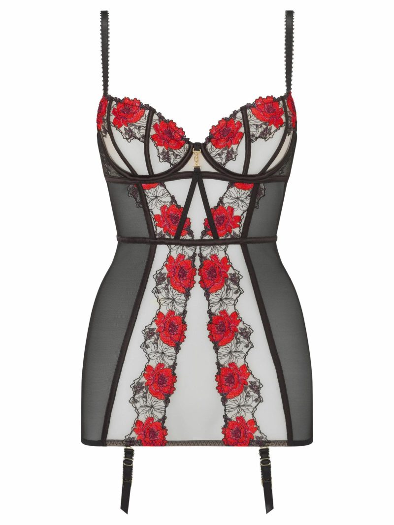 Caged Rose Padded Cami Suspender Black/Red | Corsets & Basques Corsets & Basques Black