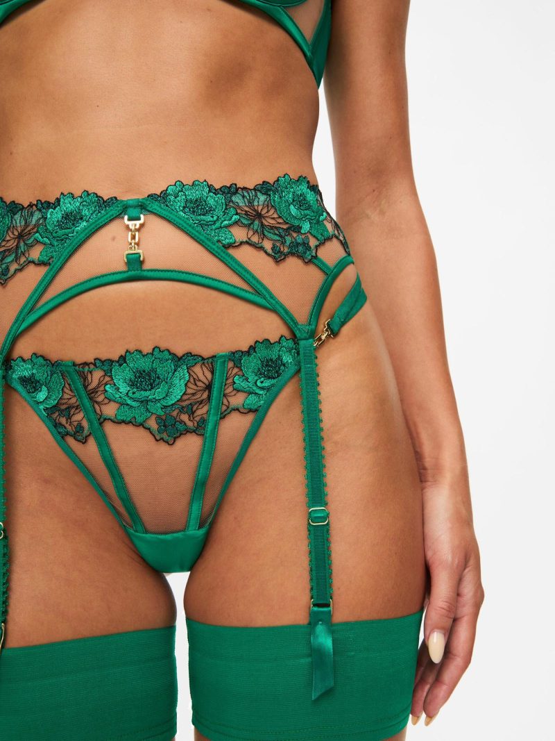 Caged Rose Suspender Belt Dark Green | Suspender Belts & Waspies Lingerie Dark Green