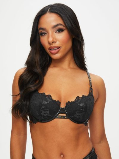 Deep Desire Padded Balcony Bra Black | Wet Look Lingerie Bras Black