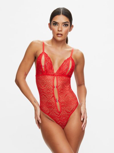 Diamond Kiss Crotchless Body Red | See Through Lingerie Bodies Red