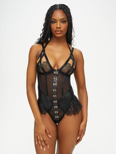 Exuberant Crotchless Teddy Black | Wet Look Lingerie Bodies Black