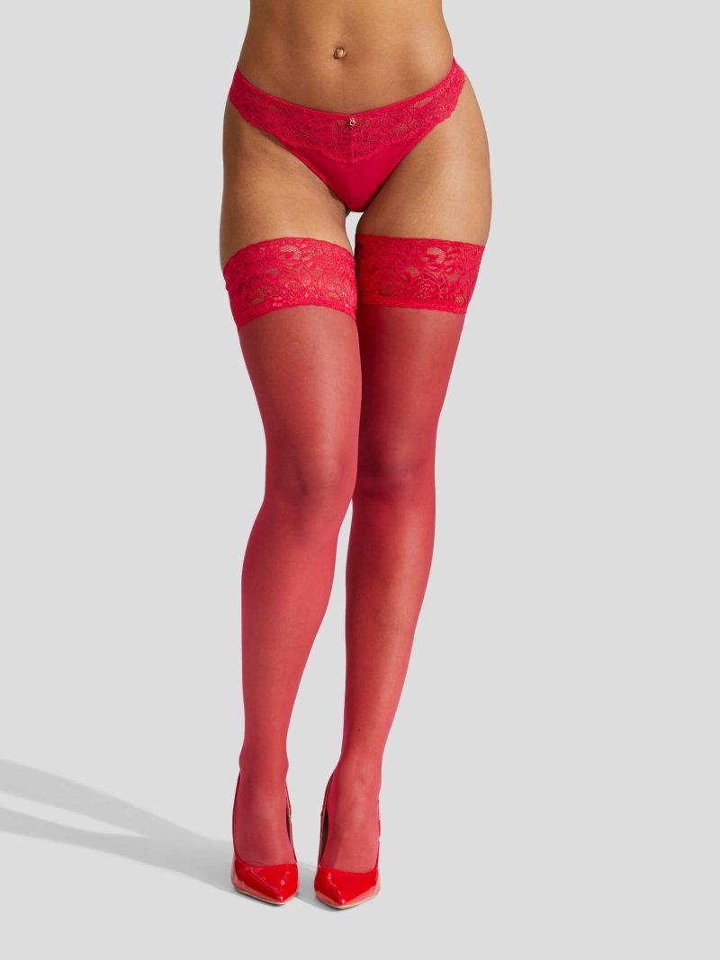 Lace Top Glossy Hold Up Red | Stockings Lingerie Red