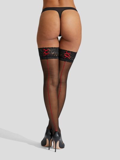 Lace Top Seamed Hold Up Black/Red | Stockings Lingerie Black