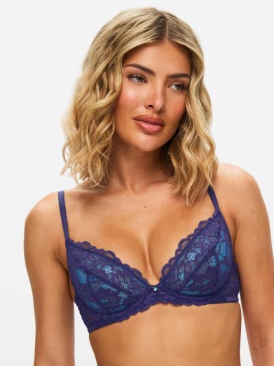 Sexy Lace Planet Non Padded Plunge Bra Dark Blue | Everyday Lingerie Bras Bras