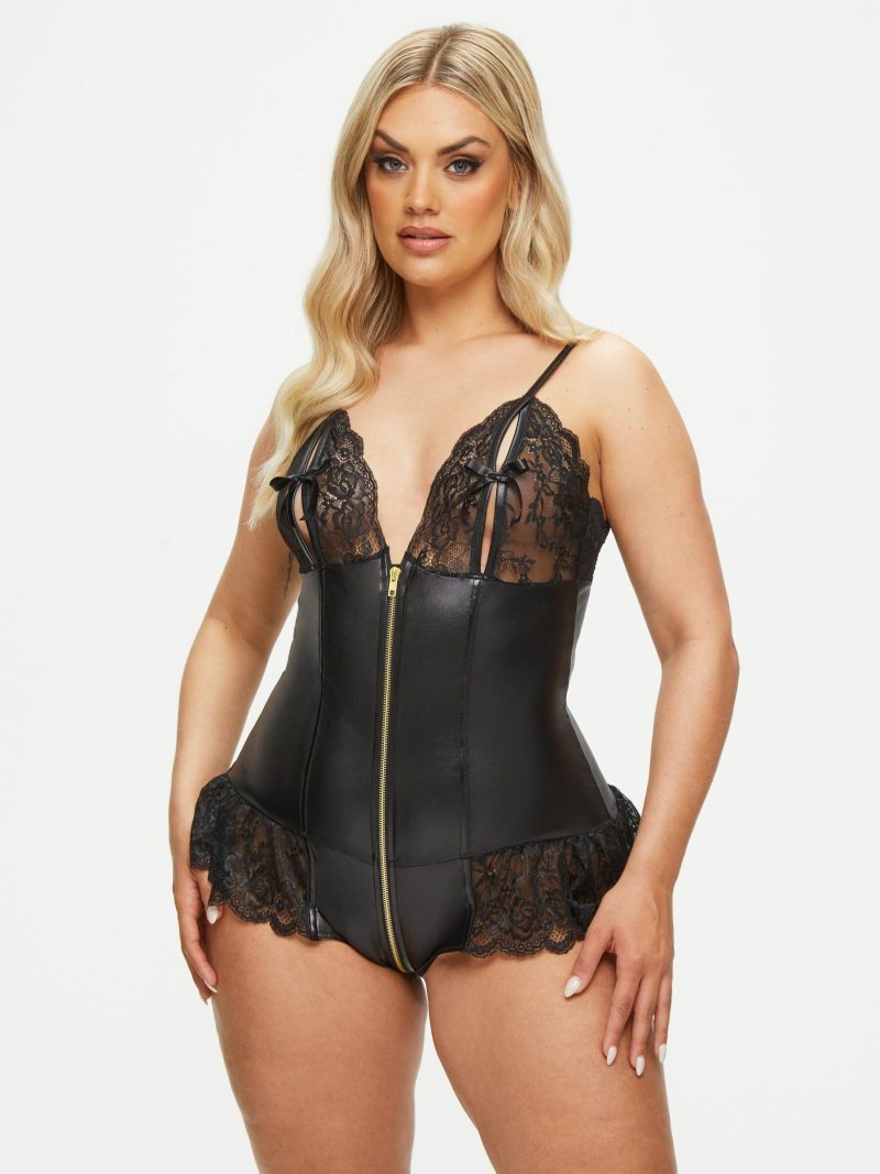 Tasha Crotchless Teddy Black | Wet Look Lingerie Bodies Black