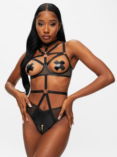 Tempt Crotchless Body Black | Wet Look Lingerie Bodies Black