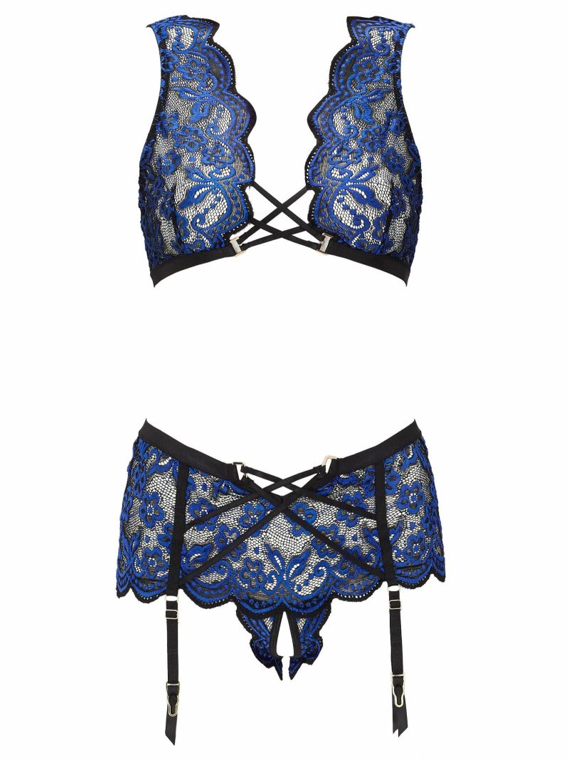 Brooke Crotchless Set Black/Blue | Lingerie Sets Crotchless Lingerie Black